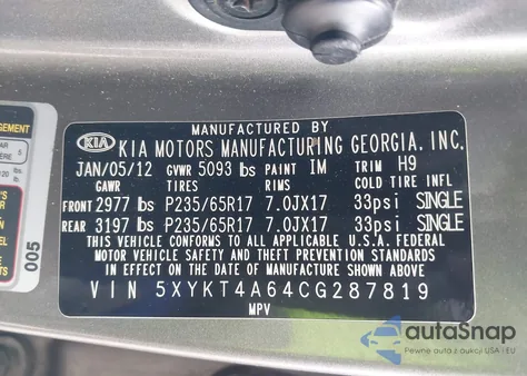 2012 Kia Sorento Lx z USA, uszkodzony, nr VIN 5XYKT4A64CG287819